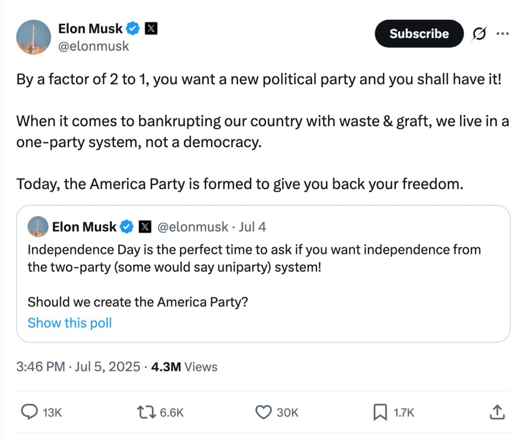 Elon Musk's tweet announcing the formation of the America Party.