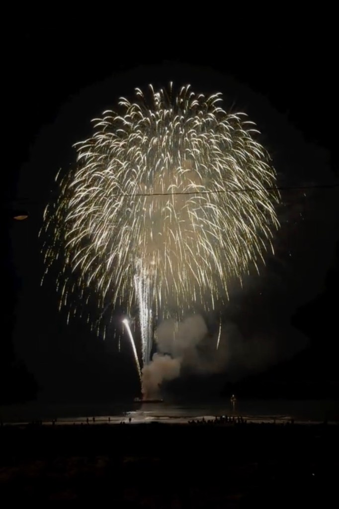 Fireworks exploding over a beach at night.