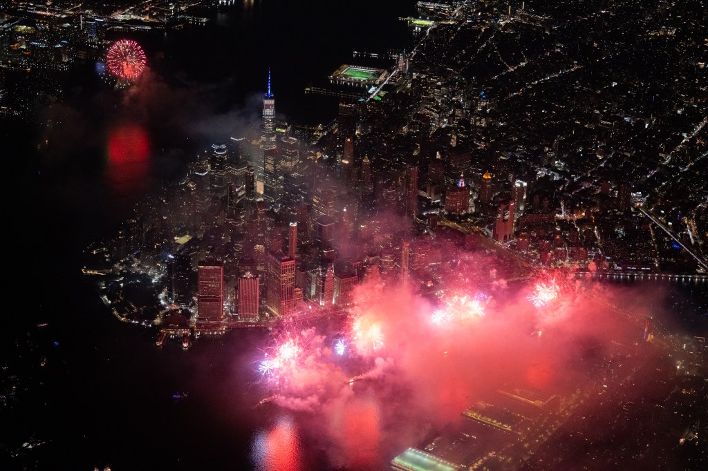 Aerial view of Macy's Fourth of July fireworks over New York City.