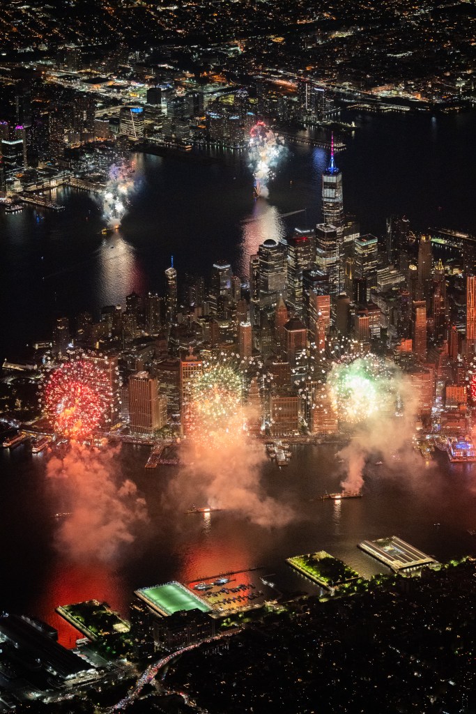Aerial view of Macy's Fourth of July fireworks over New York City