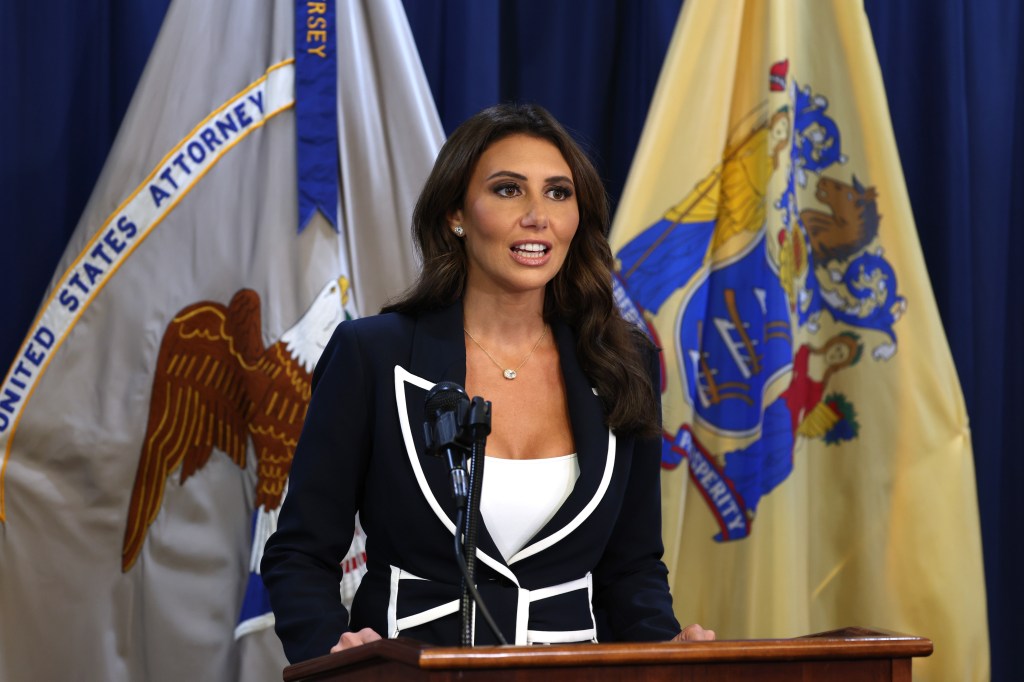 Acting U.S. Attorney Alina Habba at a press conference.