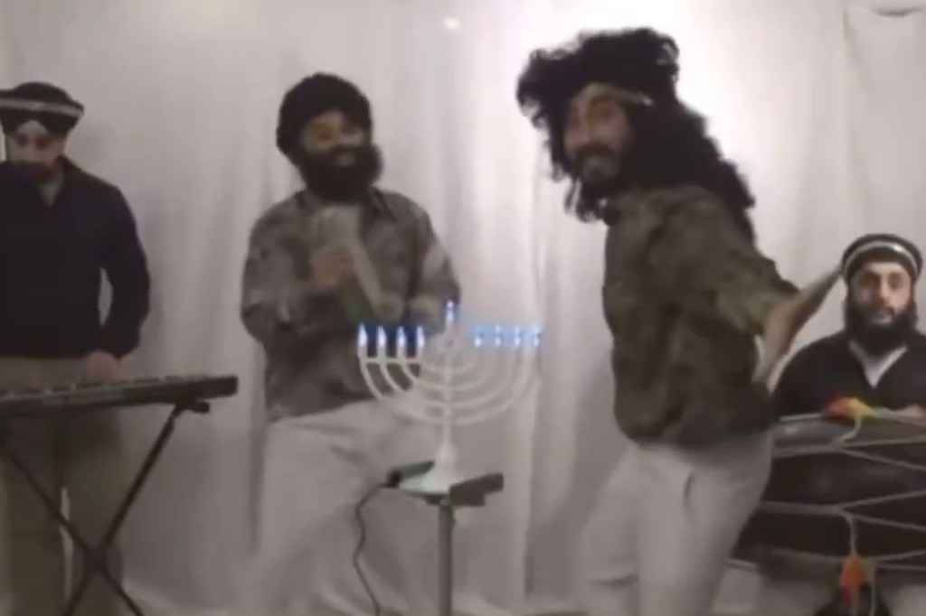 Men in turbans perform a Hanukkah parody.