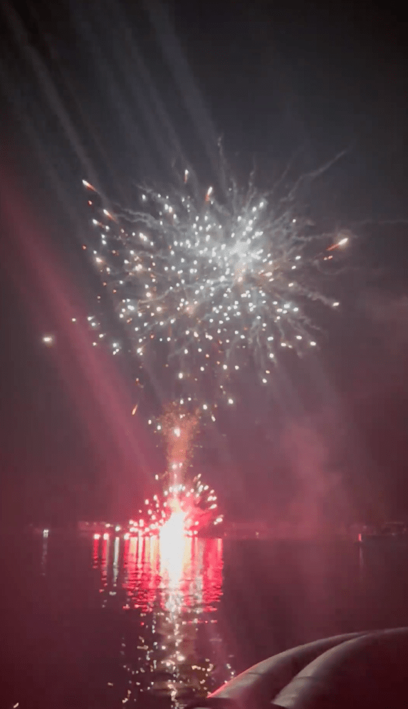 Fireworks exploding over water at night.