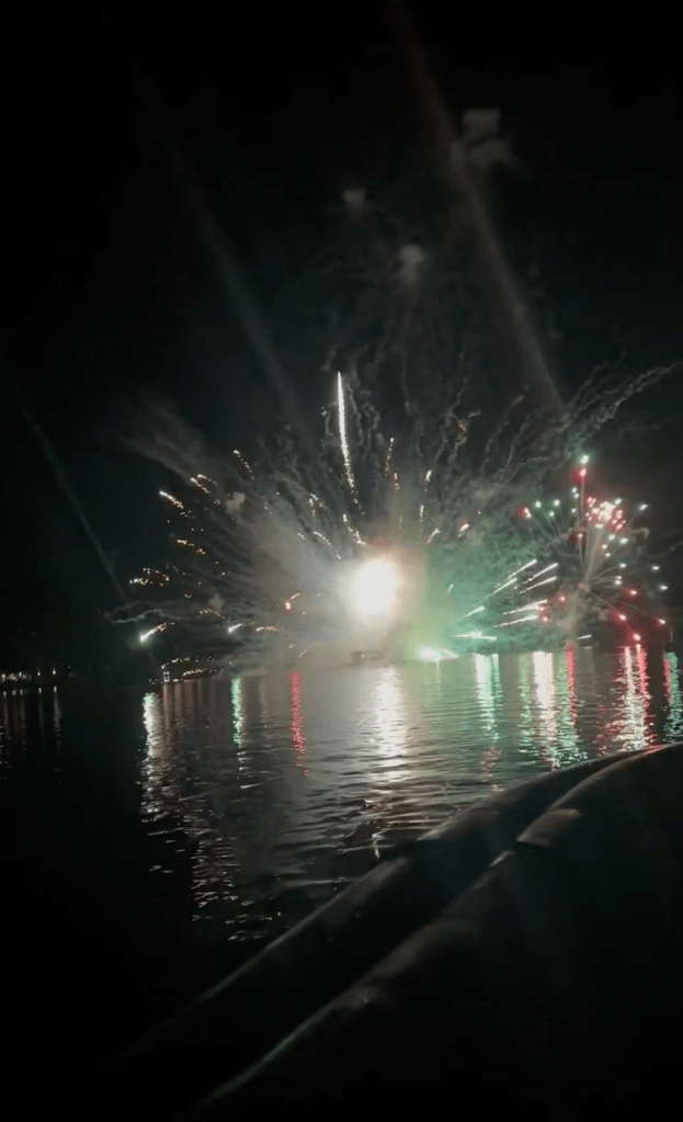 Fireworks exploding over water at night.