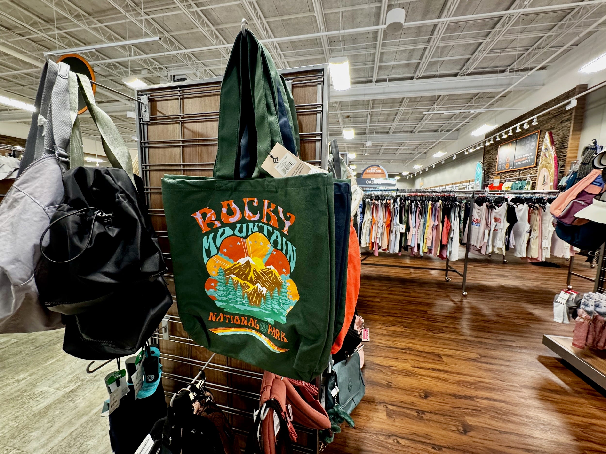 A Rocky Mountain National Park tote bag at Sierra.