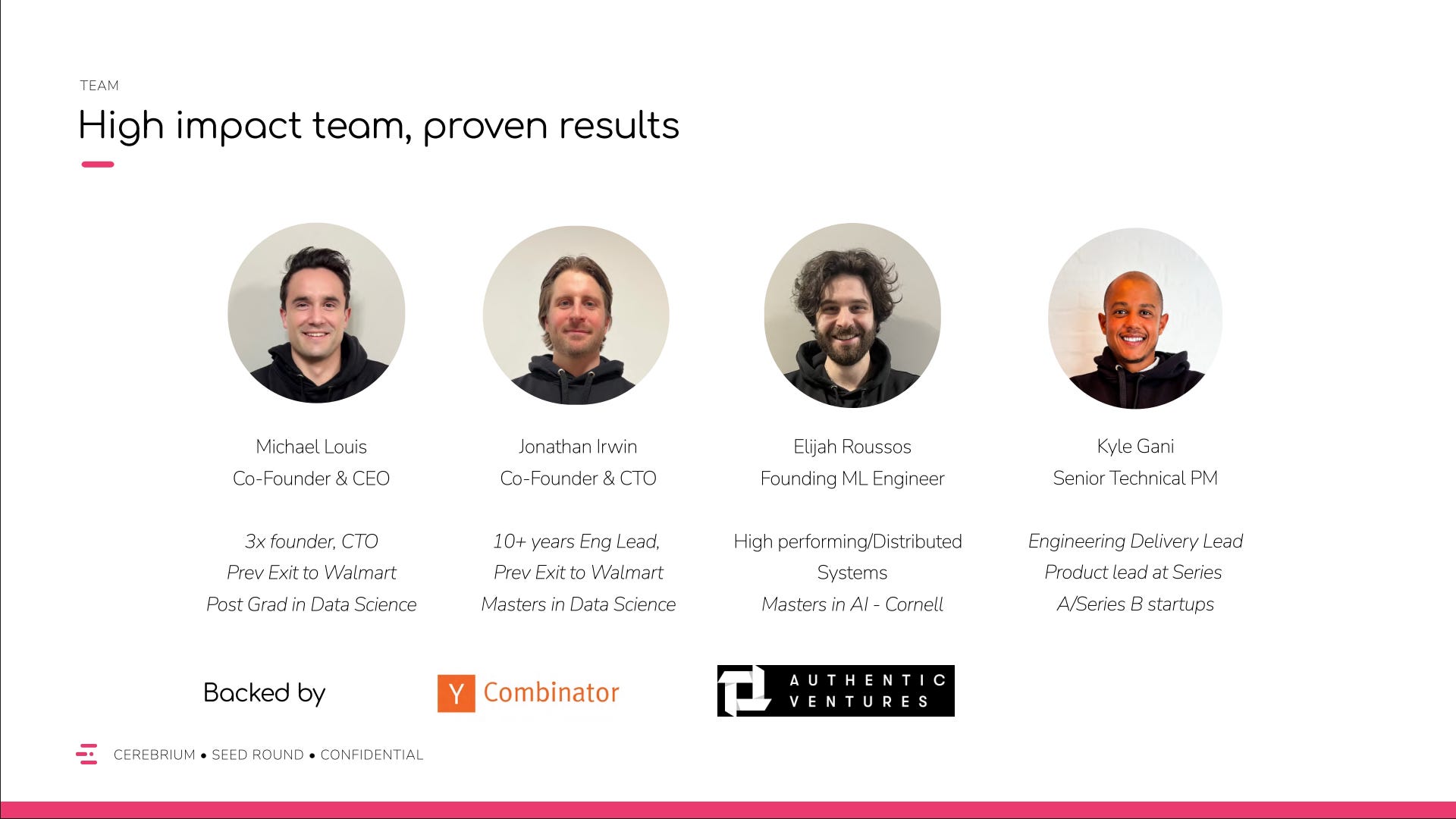 A slide showcasing Cerebrium's team members, with their headshots, titles, and previous experience.
