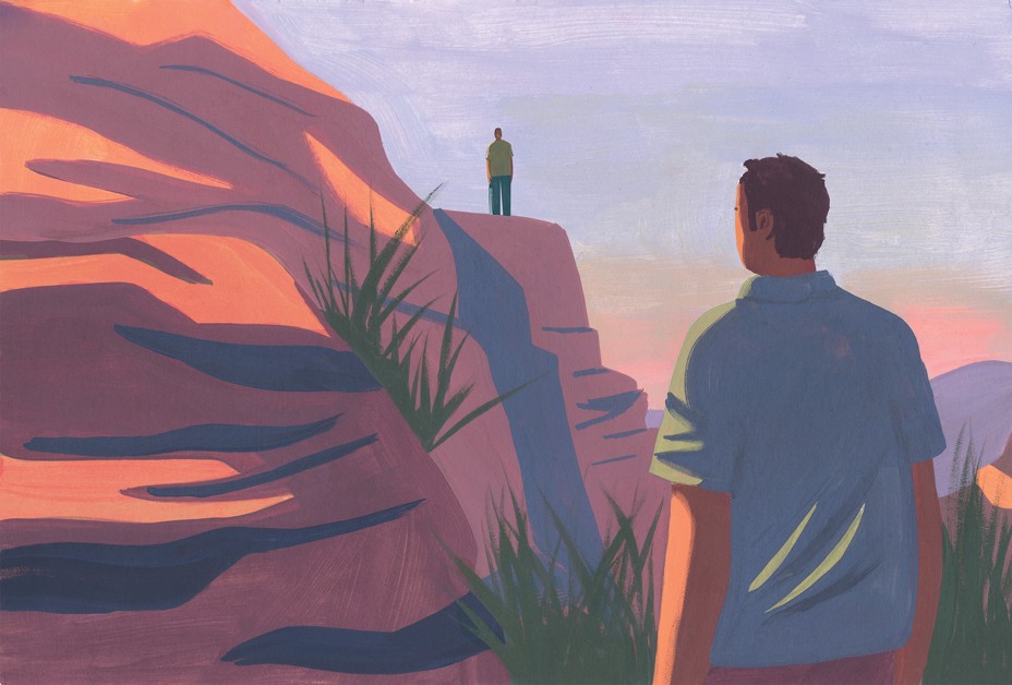 illustration of man standing facing away from viewer next to a sunlit cliff, with another figure standing in silhouette in the distance on it 