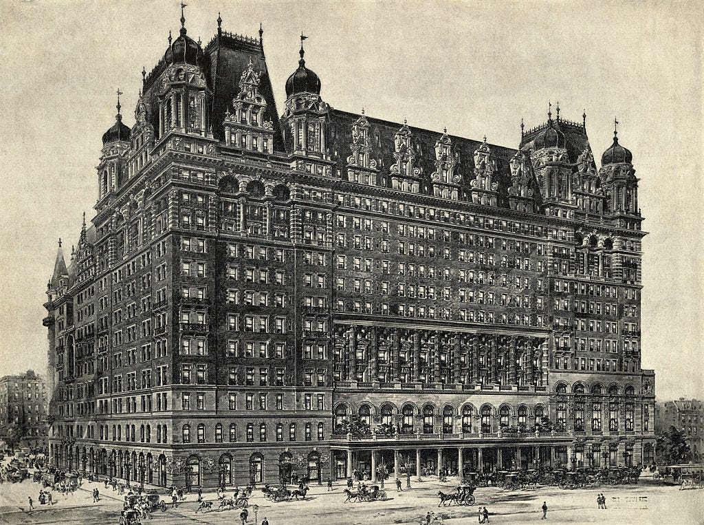 A vintage photo of the Waldorf Astoria Hotel, 34th Street entrance.