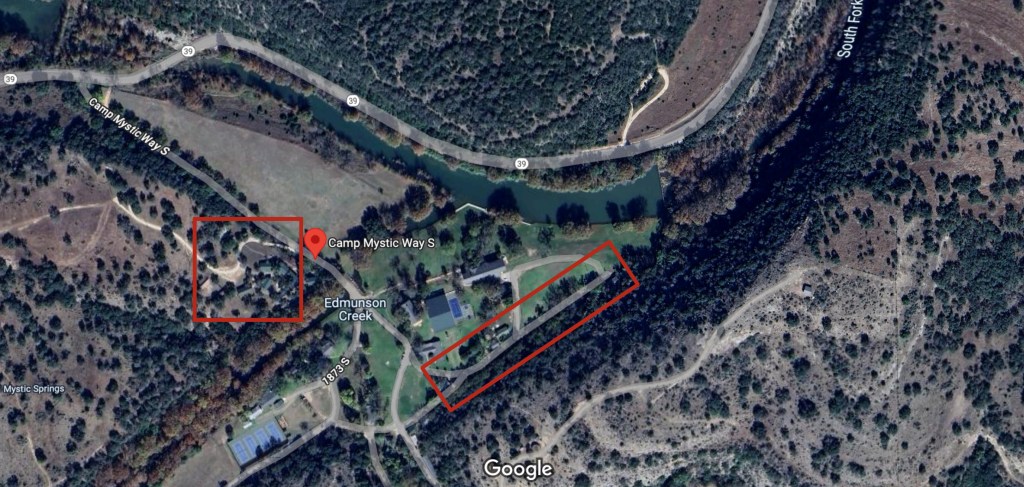 Satellite image of Camp Mystic Way S in Texas, with cabin areas highlighted.