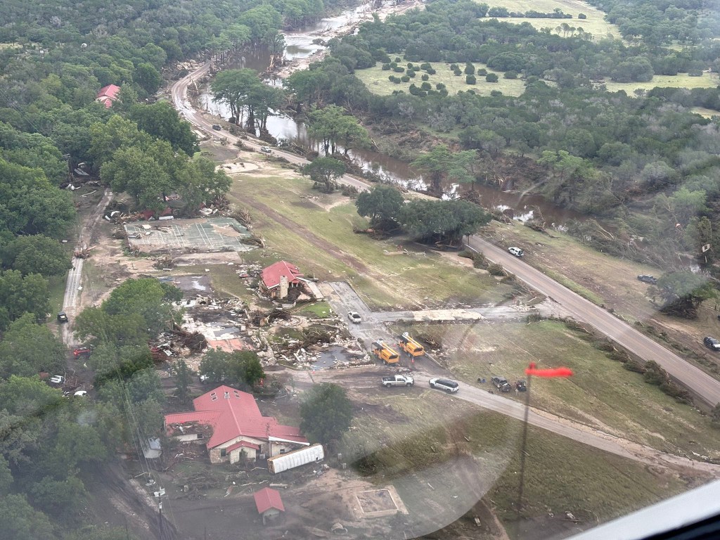 Aerial view of flood damage at Camp Mystic and the Hunt Store.