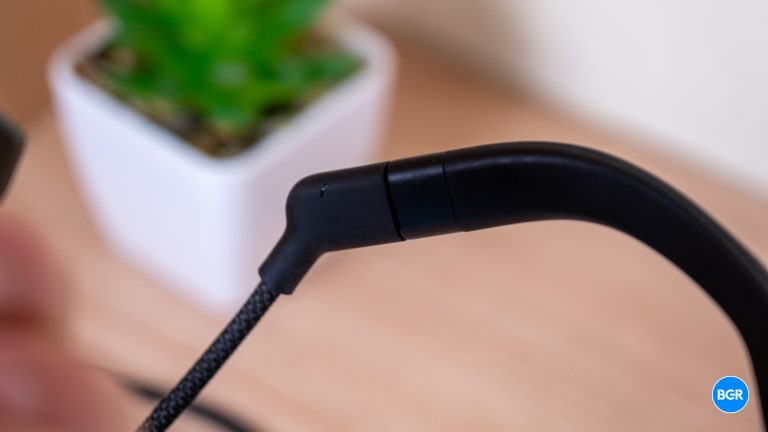 Cable plugged in to the Xreal One Pro display glasses