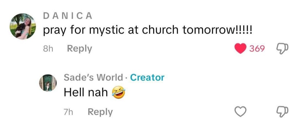 Screenshot of social media comments about praying for someone at church.