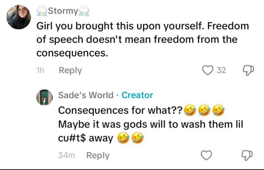 Screenshot of a Twitter exchange about freedom of speech and consequences.