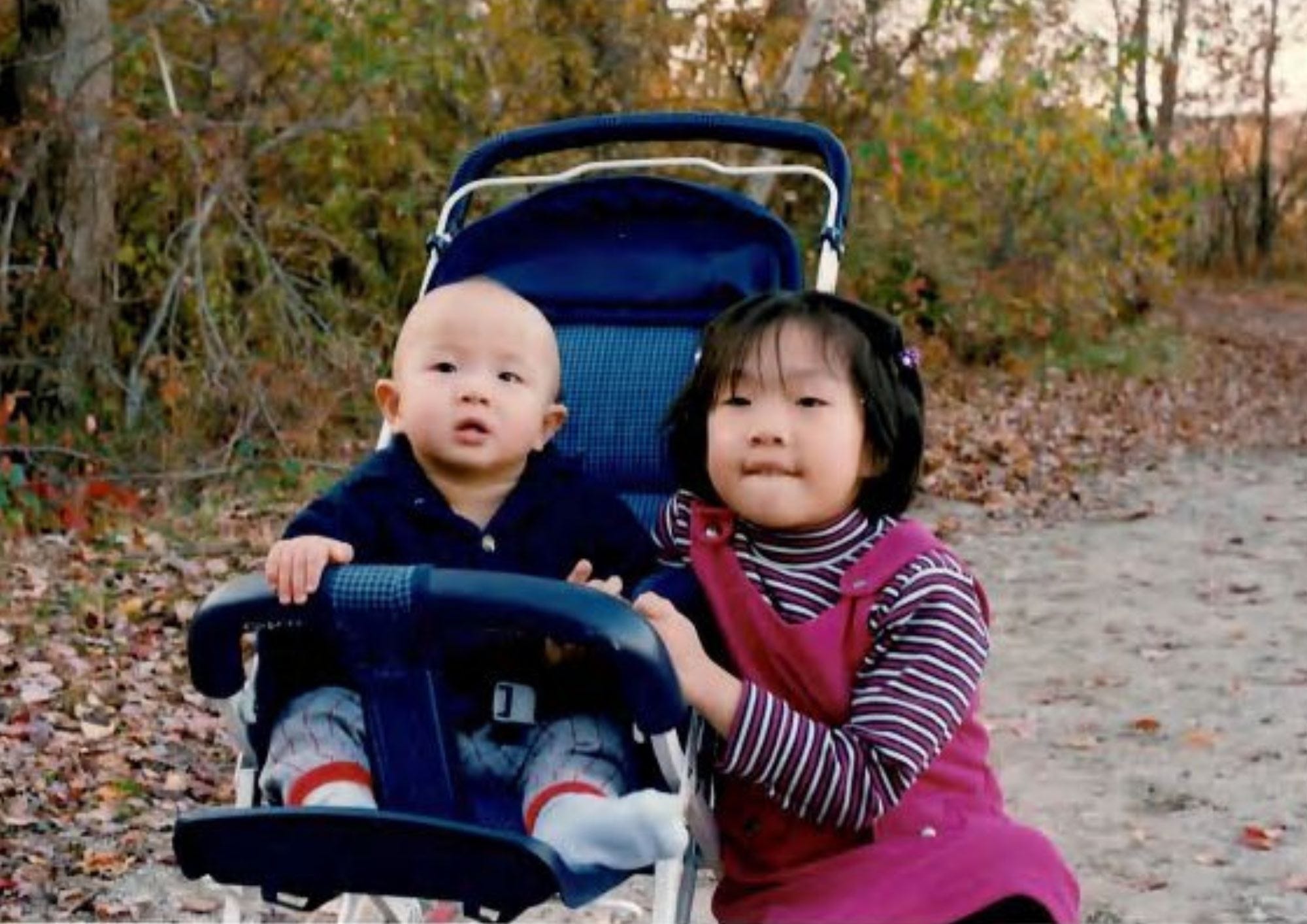 Old photo of two kids, one in a stroller and one sitting beside.