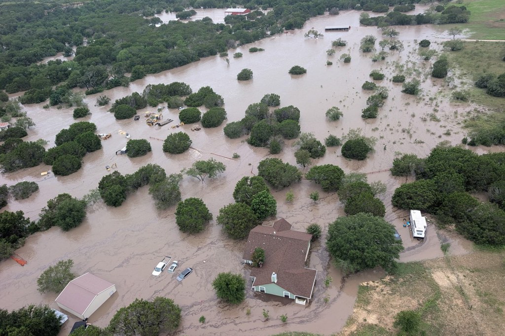 An aerial view of the flooding from the Guadalupe River near Kerville on July 5, 2025.