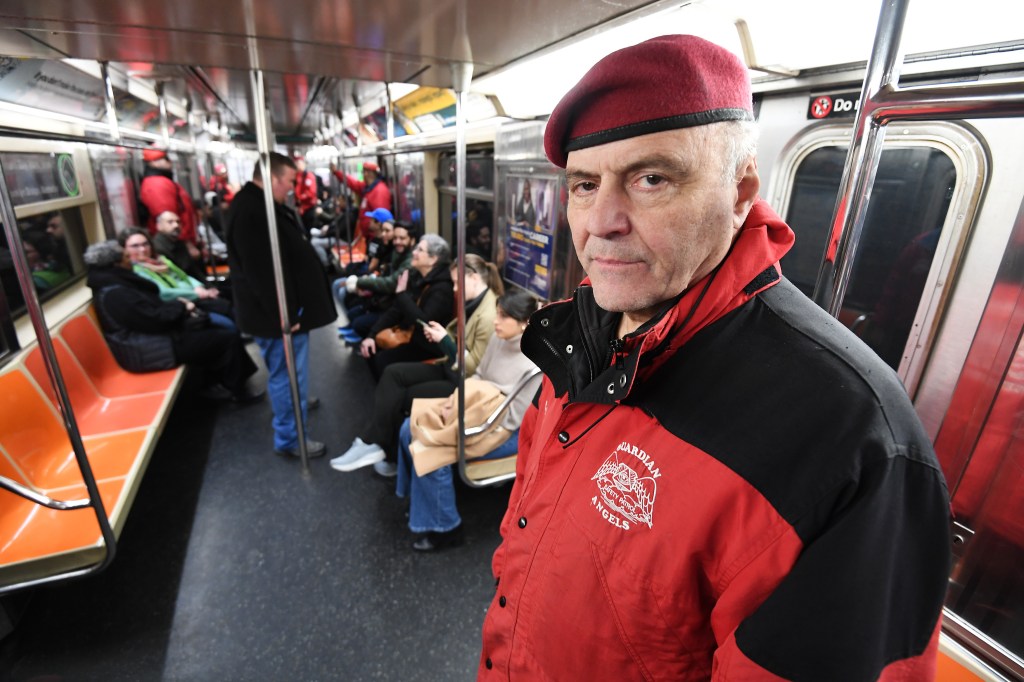Curtis Sliwa of the Guardian Angels on a New York City subway car.