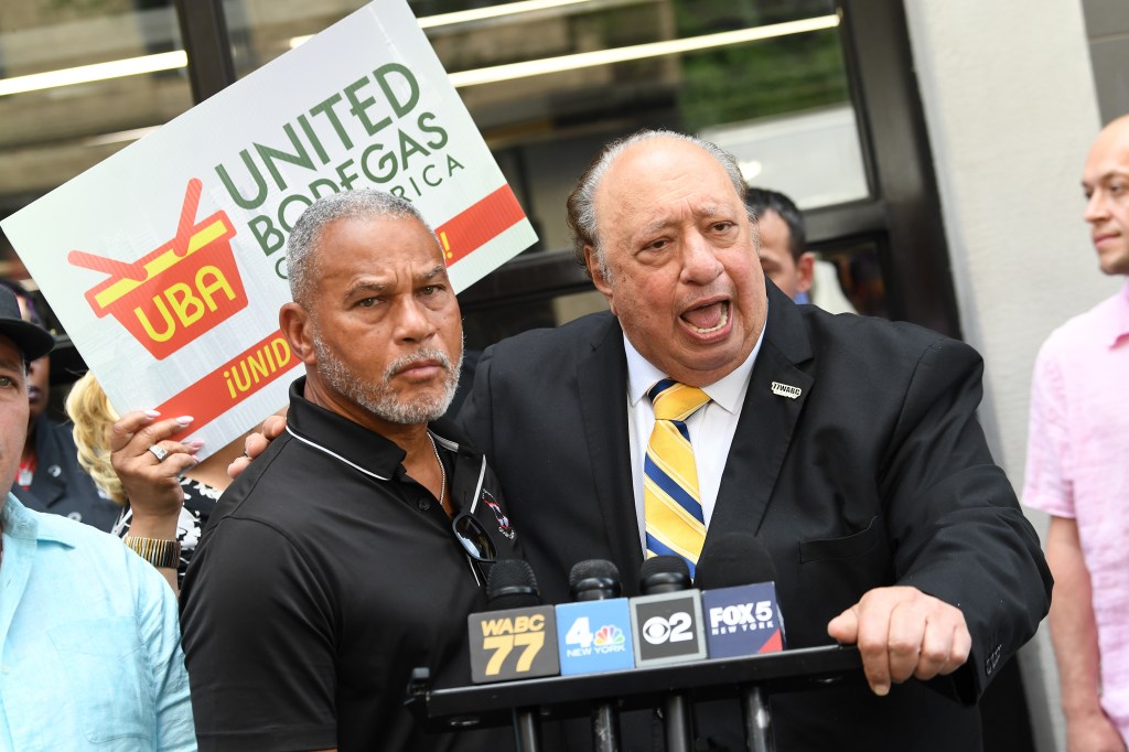 John Catsimatidis and Fernando Mateo at a press conference protesting mayoral candidate Zohran Mamdani.