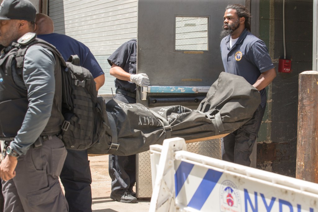 Jeffrey Epstein in a body bag leaving a side door of NYP Downtown 