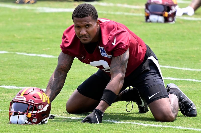 ASHBURN, VA - June 11: Washington Commanders safety Will Harris warms up during day two of mini camp in Ashburn, VA on June 11, 2025. (Photo by John McDonnell/For The Washington Post via Getty Images)
