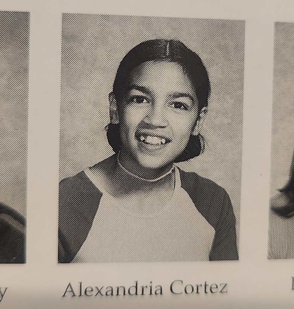Black and white yearbook photo of Alexandria Ocasio-Cortez.