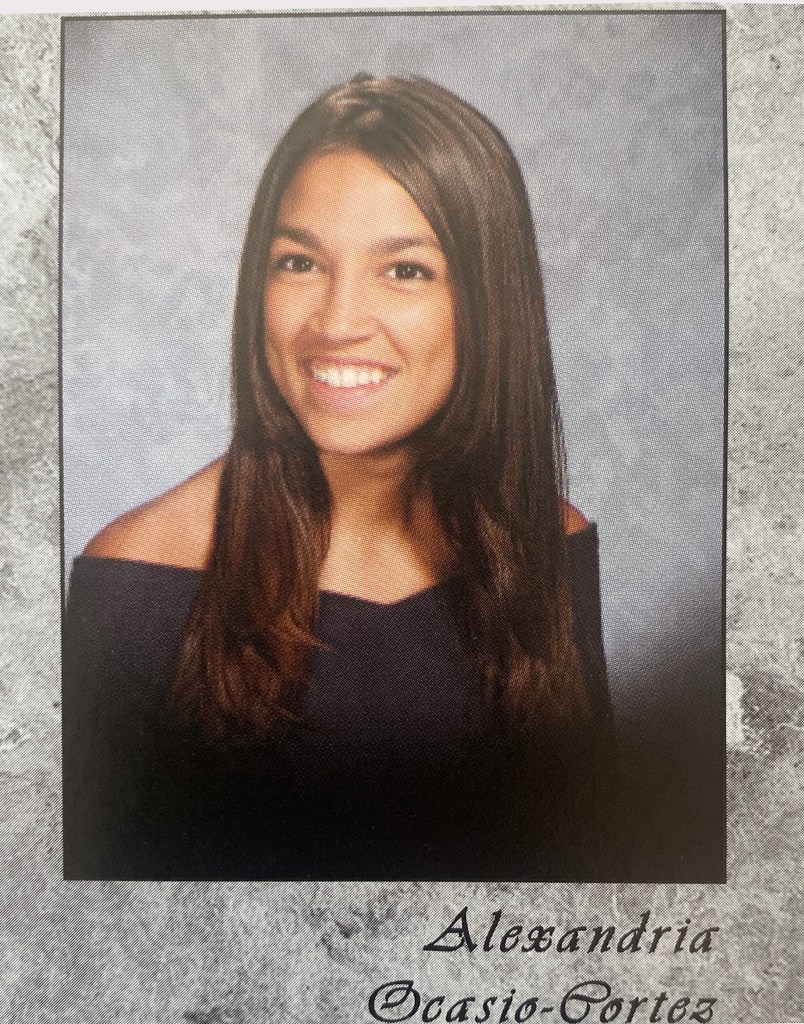 Alexandria Ocasio-Cortez's sophomore year yearbook photo.