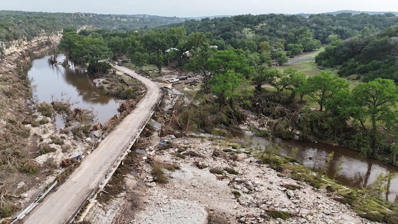 A drone view shows the Guadalupe River and damage from flooding near Camp Mystic in Hunt, Texas, U.S. July 5, 2025. REUTERS/Evan Garcia