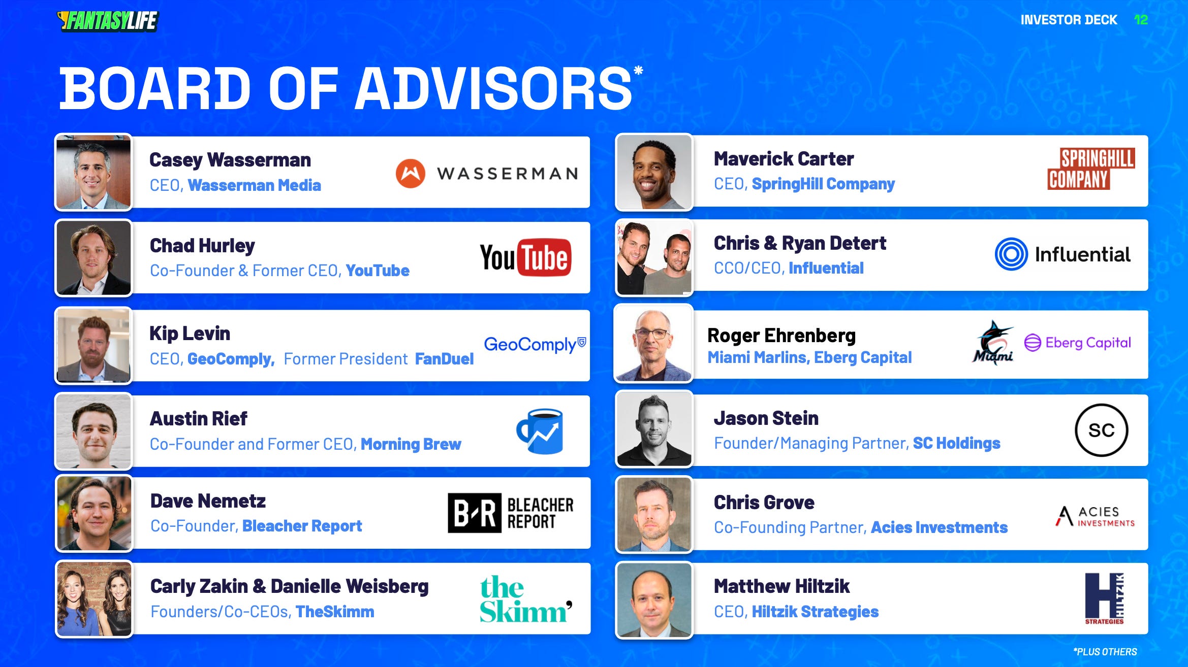 Fantasy Life's board of advisors includes Casey Wasserman, Chad Hurley, Maverick Carter and Austin Rief