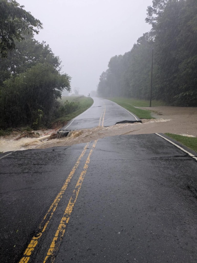 Flooded road in North Carolina.