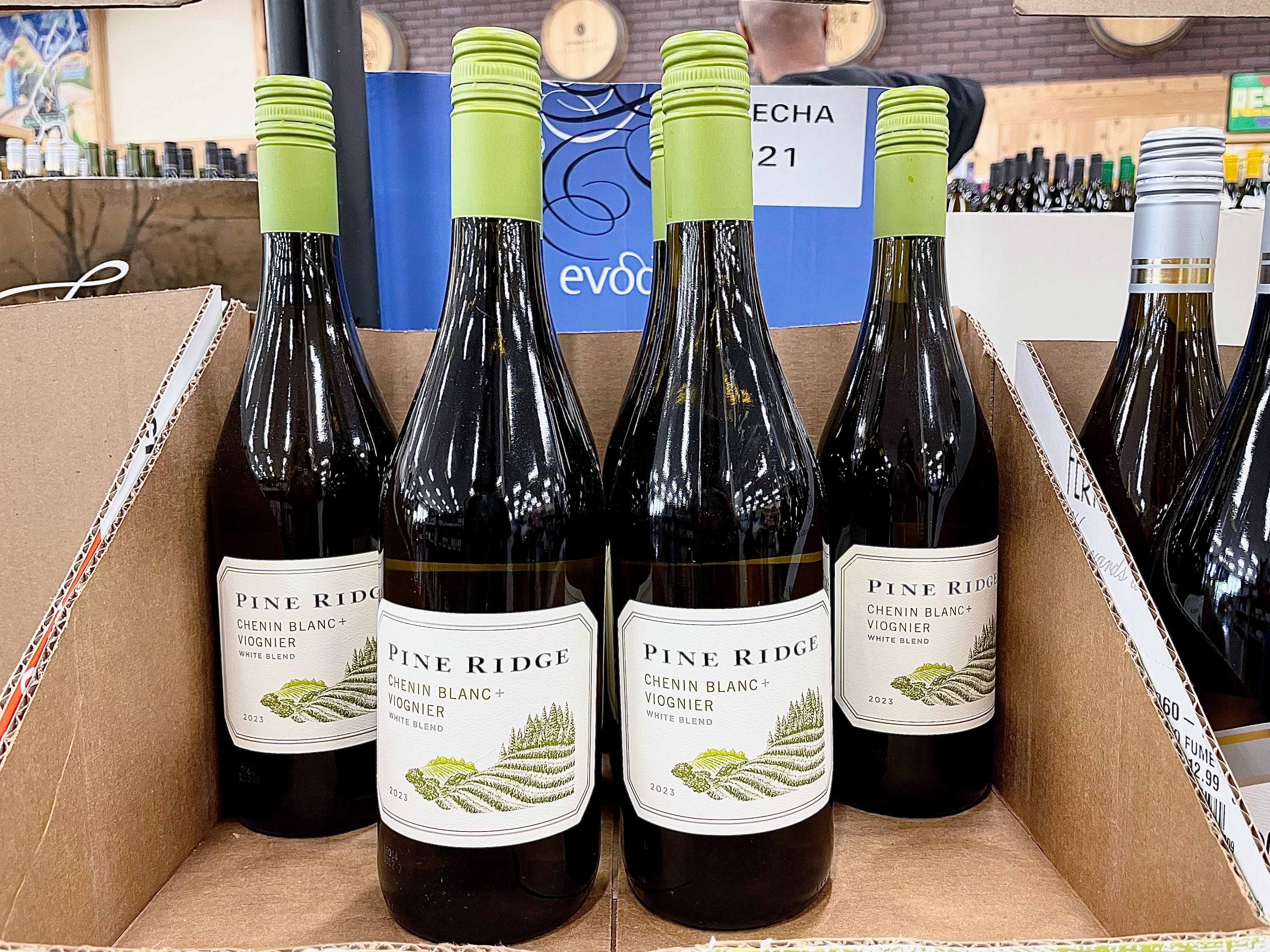 A display of Pine Ridge Chenin Blanc and Viognier blend.