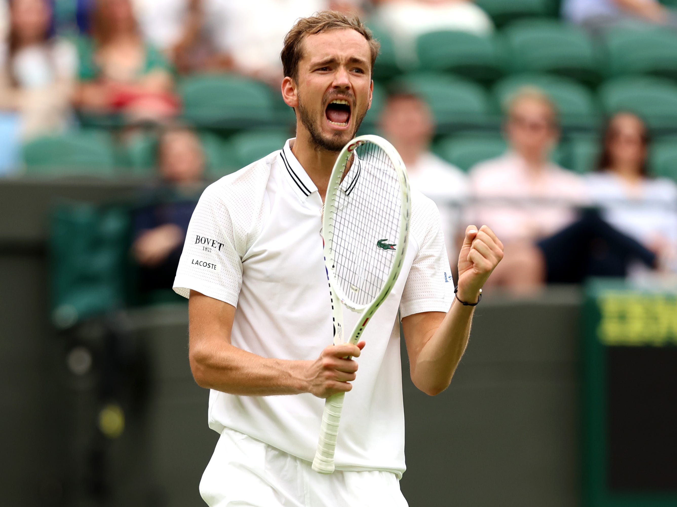 Daniil Medvedev celebrates against Marton Fucsovics of Hungary in the Men's Singles third round match during day six of The Championships Wimbledon 2023