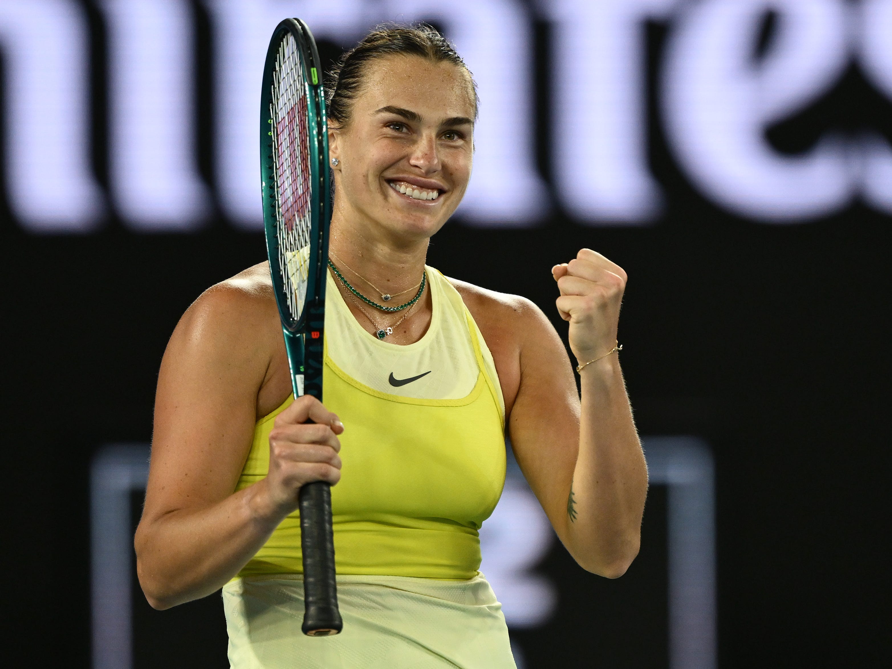 Aryna Sabalenka celebrates winning match point against Anastasia Pavlyuchenkova in the Women's Singles Quarterfinal during day 10 of the 2025 Australian Open