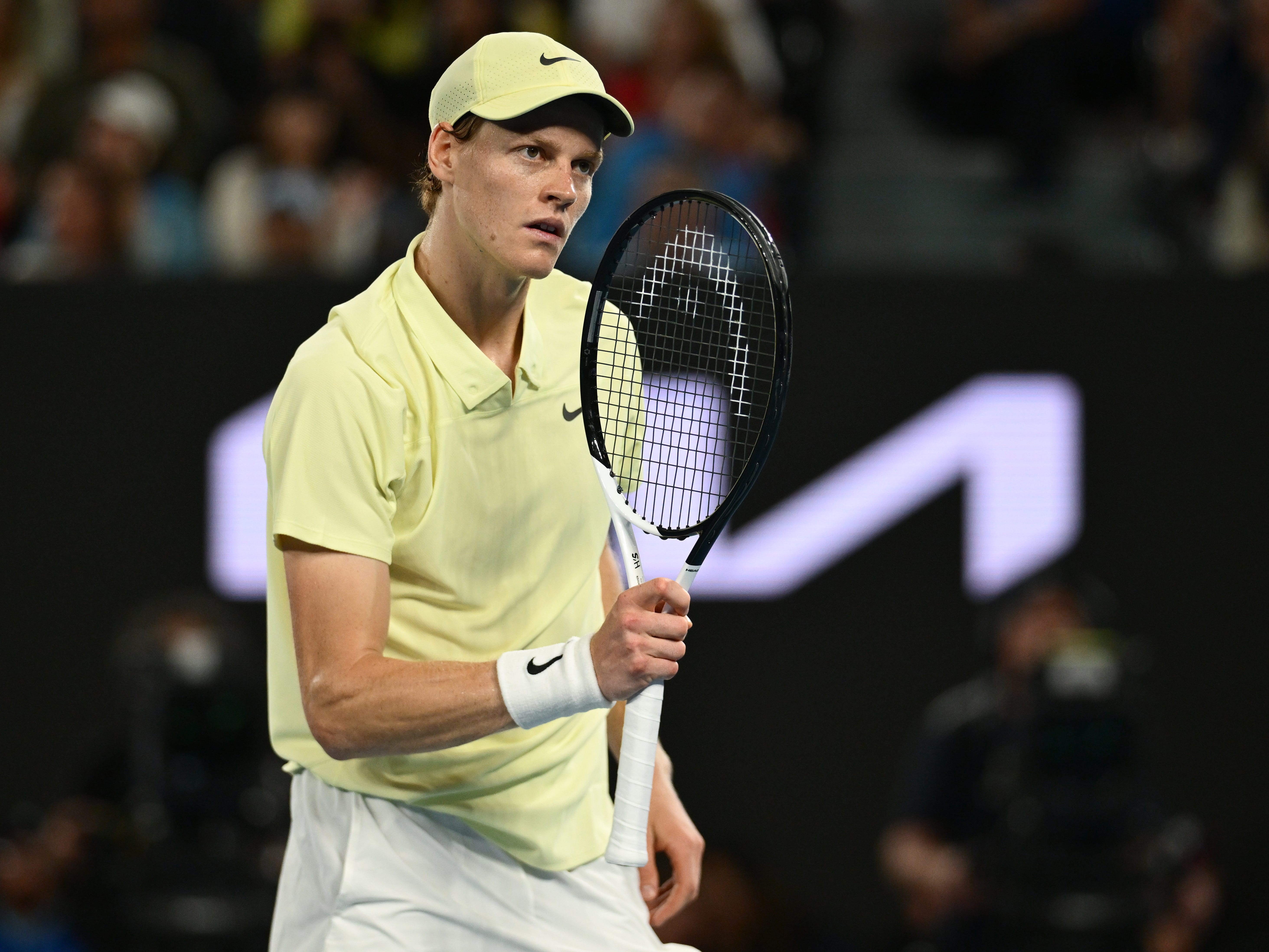 Jannik Sinner of Italy celebrates a point against Alexander Zverev of Germany in the Men's Singles Final during day 15 of the 2025 Australian Open at Melbourne Park