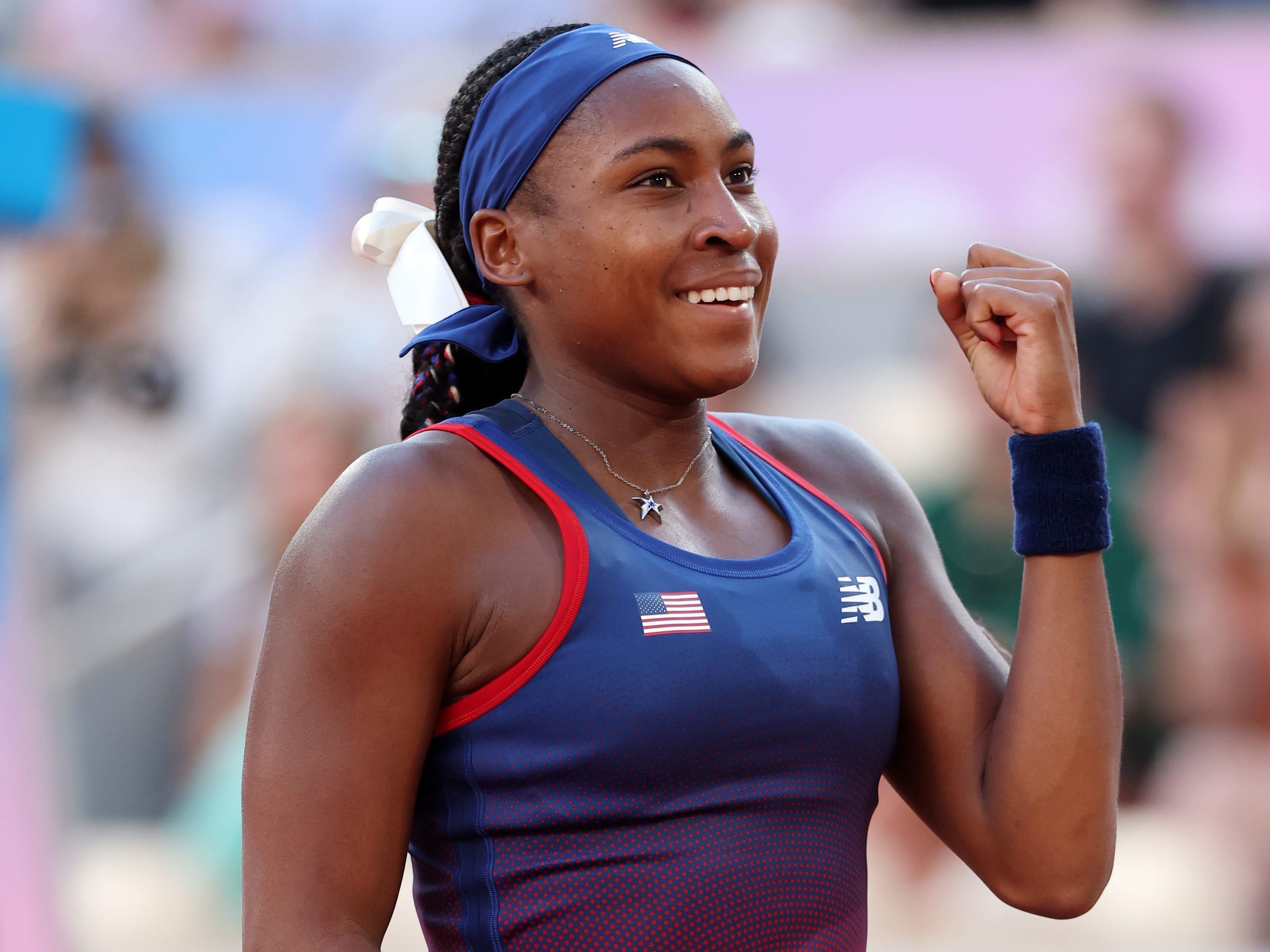 Coco Gauff of Team United States celebrates winning match point against Ajla Tomljanovic of Team Australia during the Women's Singles first round match on day two of the Olympic Games Paris 2024 at Roland Garros on July 28, 2024 i