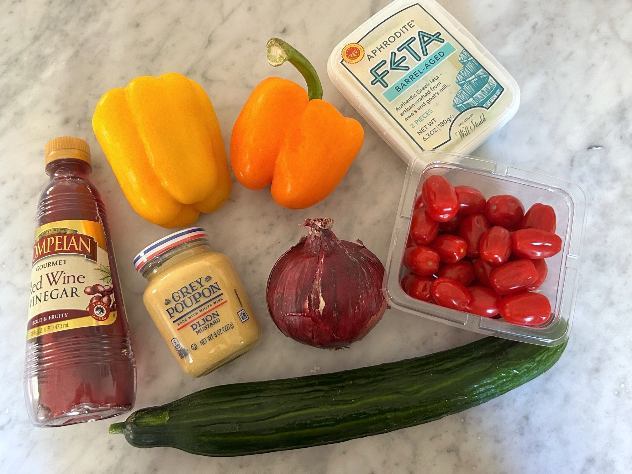 Ingredients for Ina Garten's Greek panzanella salad