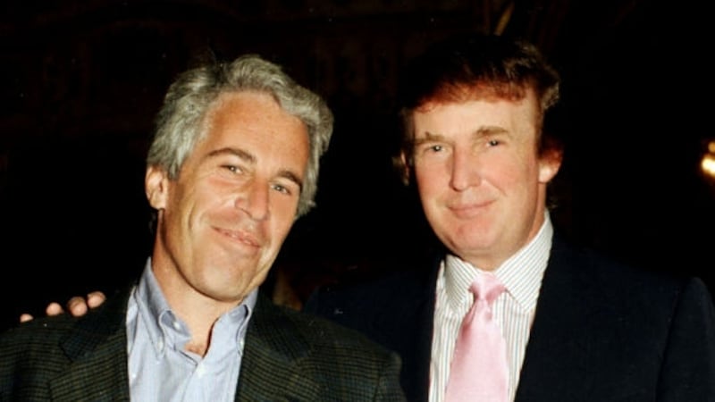 Portrait of American financier Jeffrey Epstein (left) and real estate developer Donald Trump as they pose together at the Mar-a-Lago estate, Palm Beach, Florida, 1997.(Photo by Davidoff Studios/Getty Images)