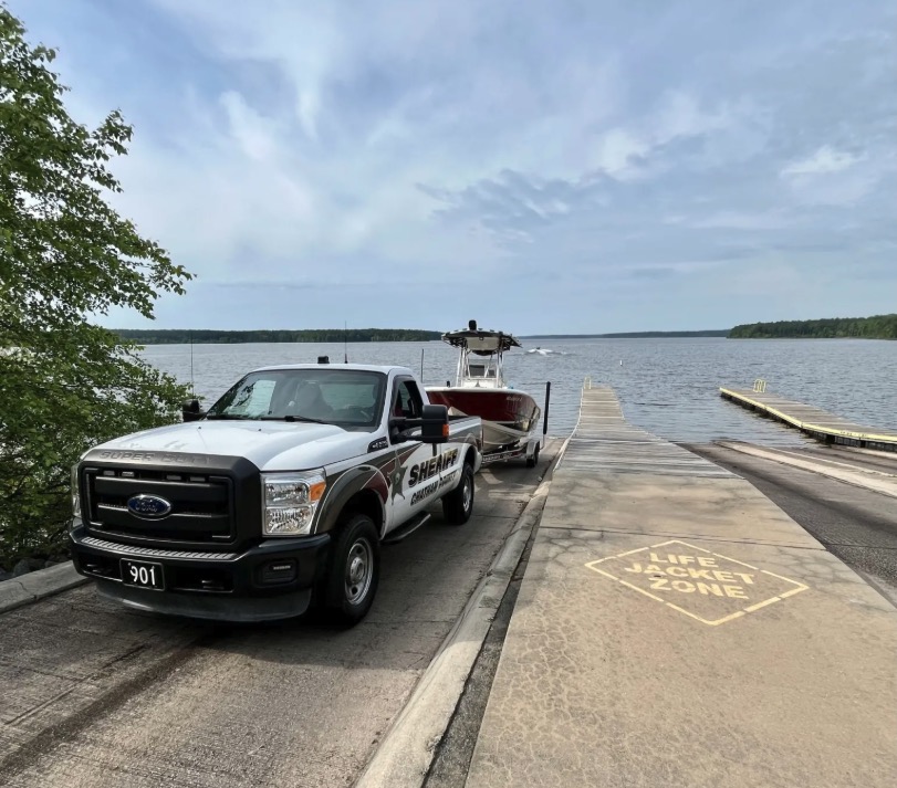 Chatham County Sheriff's Office truck and boat at a boat ramp.