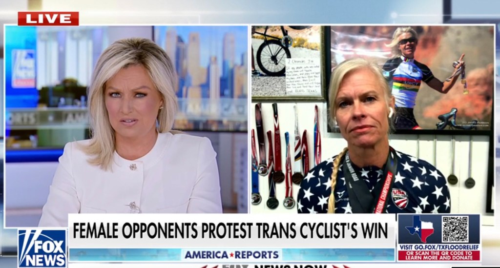 Fox News interview segment showing a news anchor and a female cyclist protesting a transgender cyclist's win.