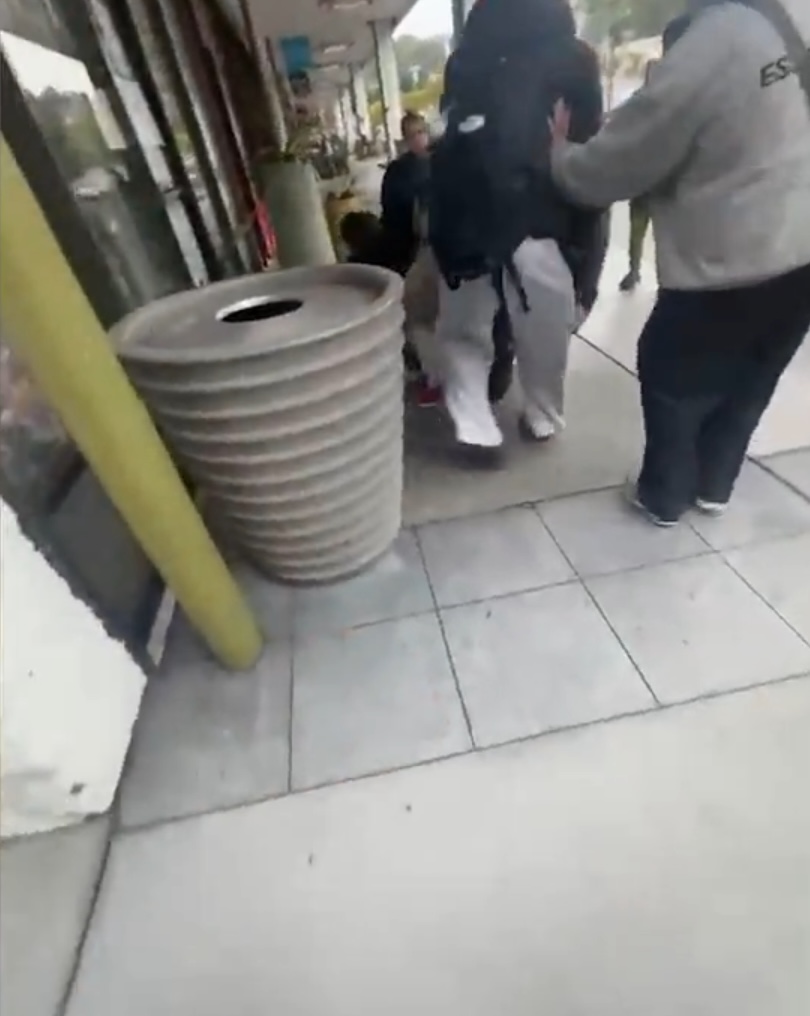 People involved in a physical altercation on a sidewalk.
