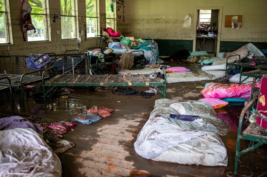 Items lie scattered inside a cabin at Camp Mystic after deadly flooding in Kerr County, Texas, U.S., July 5, 2025.