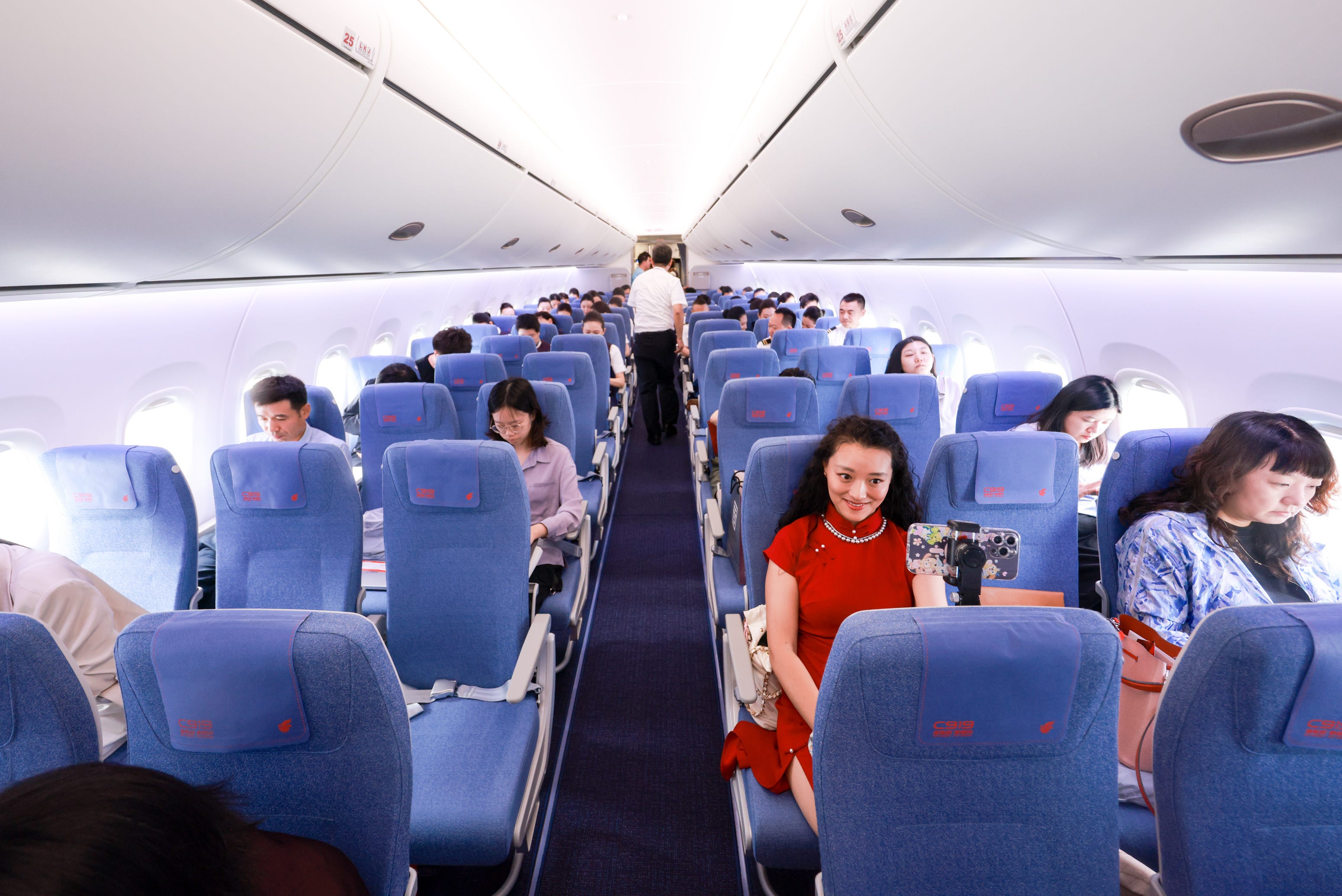 An interior view of the first C919 aircraft received by Air China at Shanghai Pudong International Airport on August 29, 2024 in Shanghai, China.