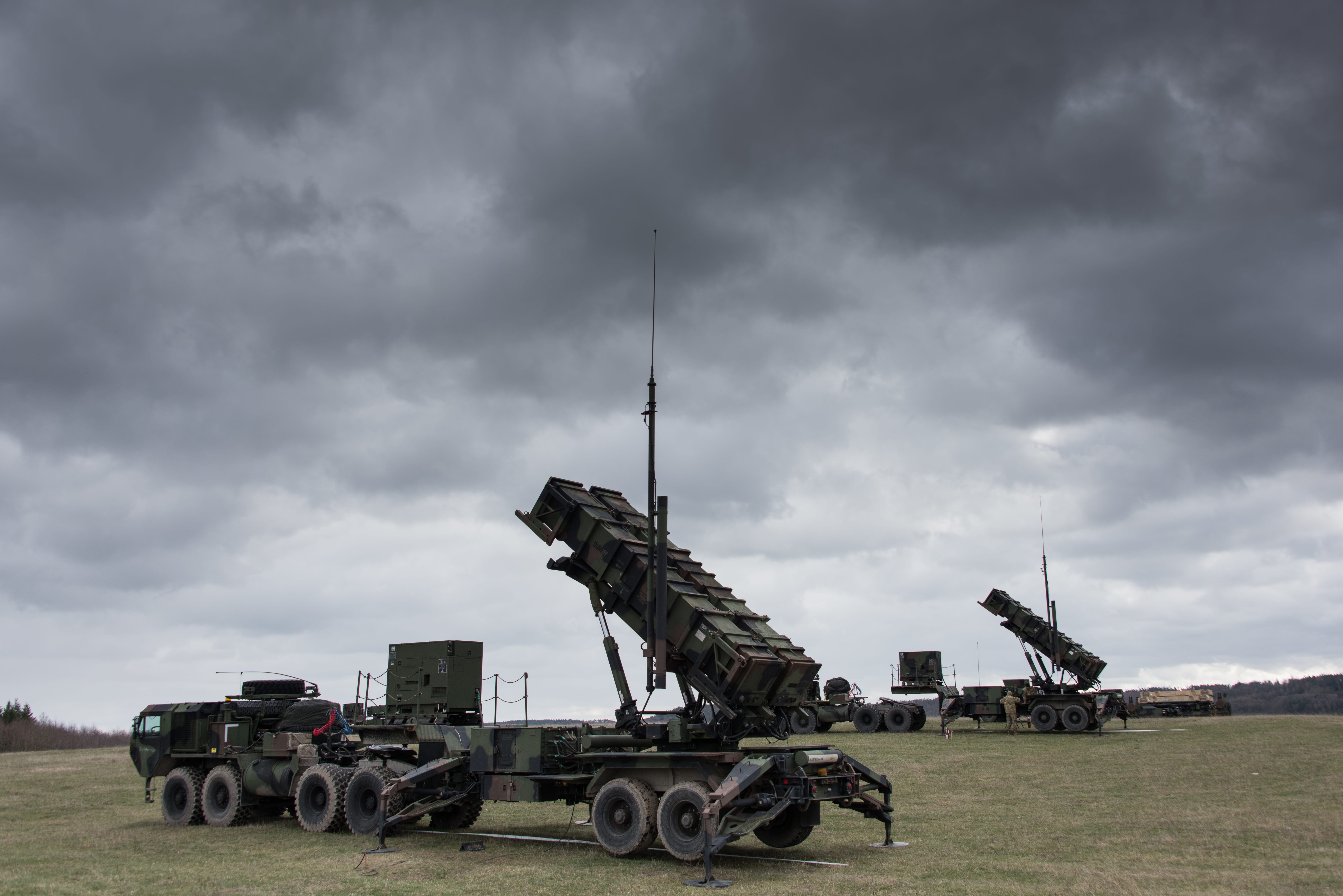US Soldiers with 5th Battalion, 7th Air Defense Artillery Regiment, 10th Army Air & Missile Defense Command install and check MIM-104 Patriot surface-to-air missile (SAM) systems for a readiness exercise at Oberdachstetten range complex, Ansbach Germany, March 13, 2019.