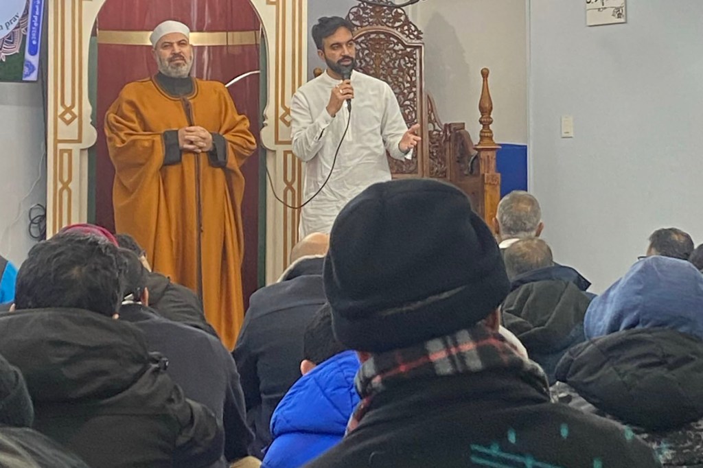 Zohran Mamdani speaking at a mosque.