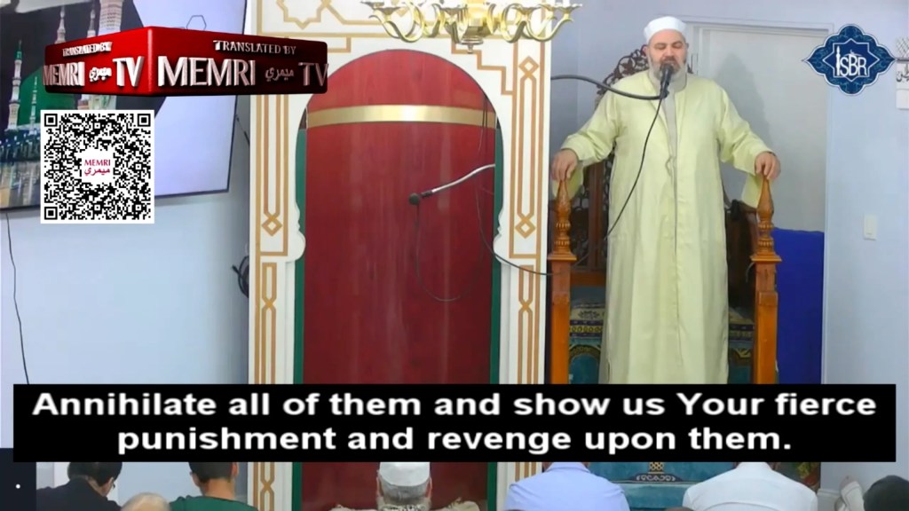 Imam delivering a sermon in a mosque, advocating for the annihilation of Israel.