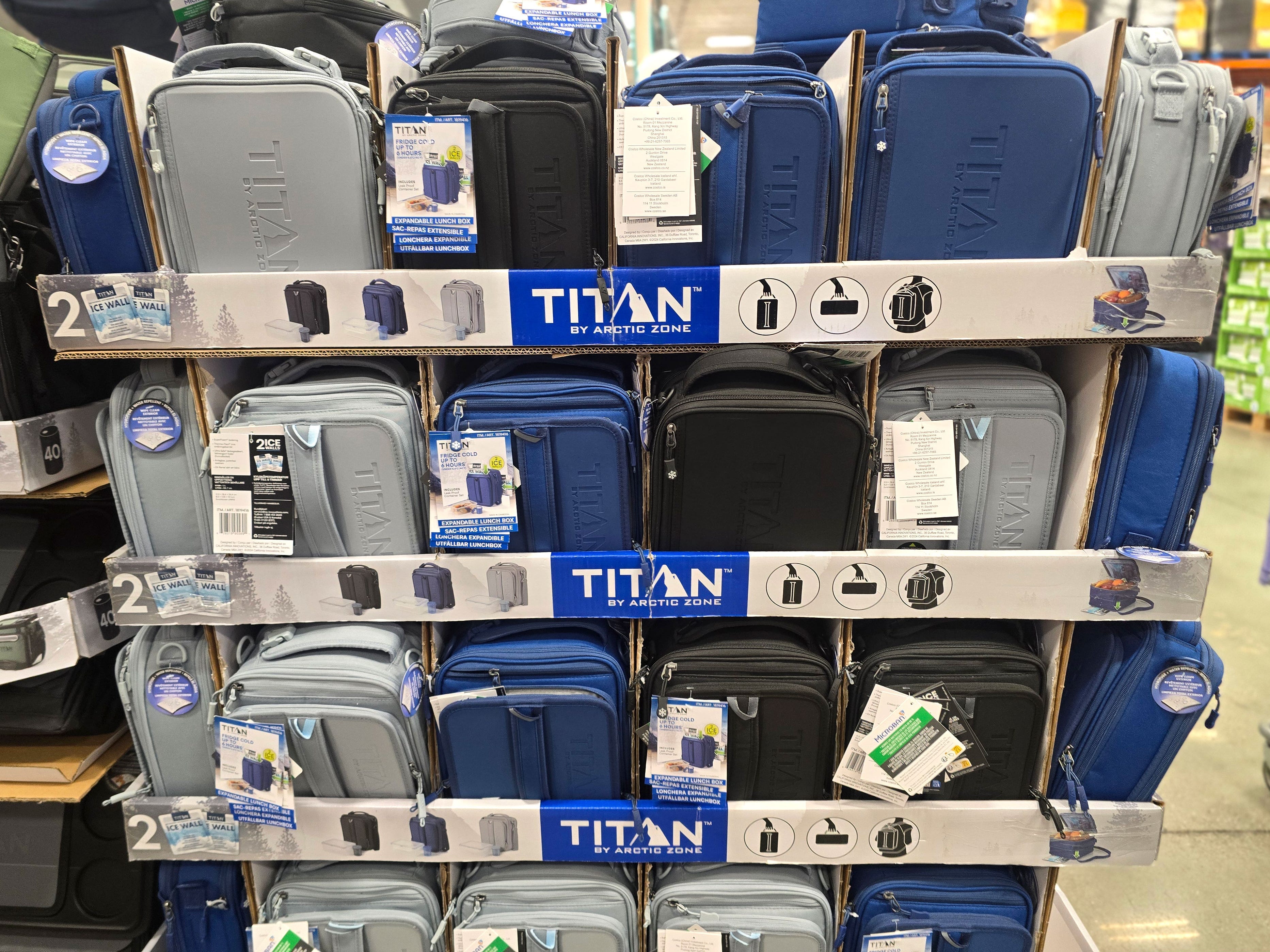 A display of Titan lunch boxes at Costco.