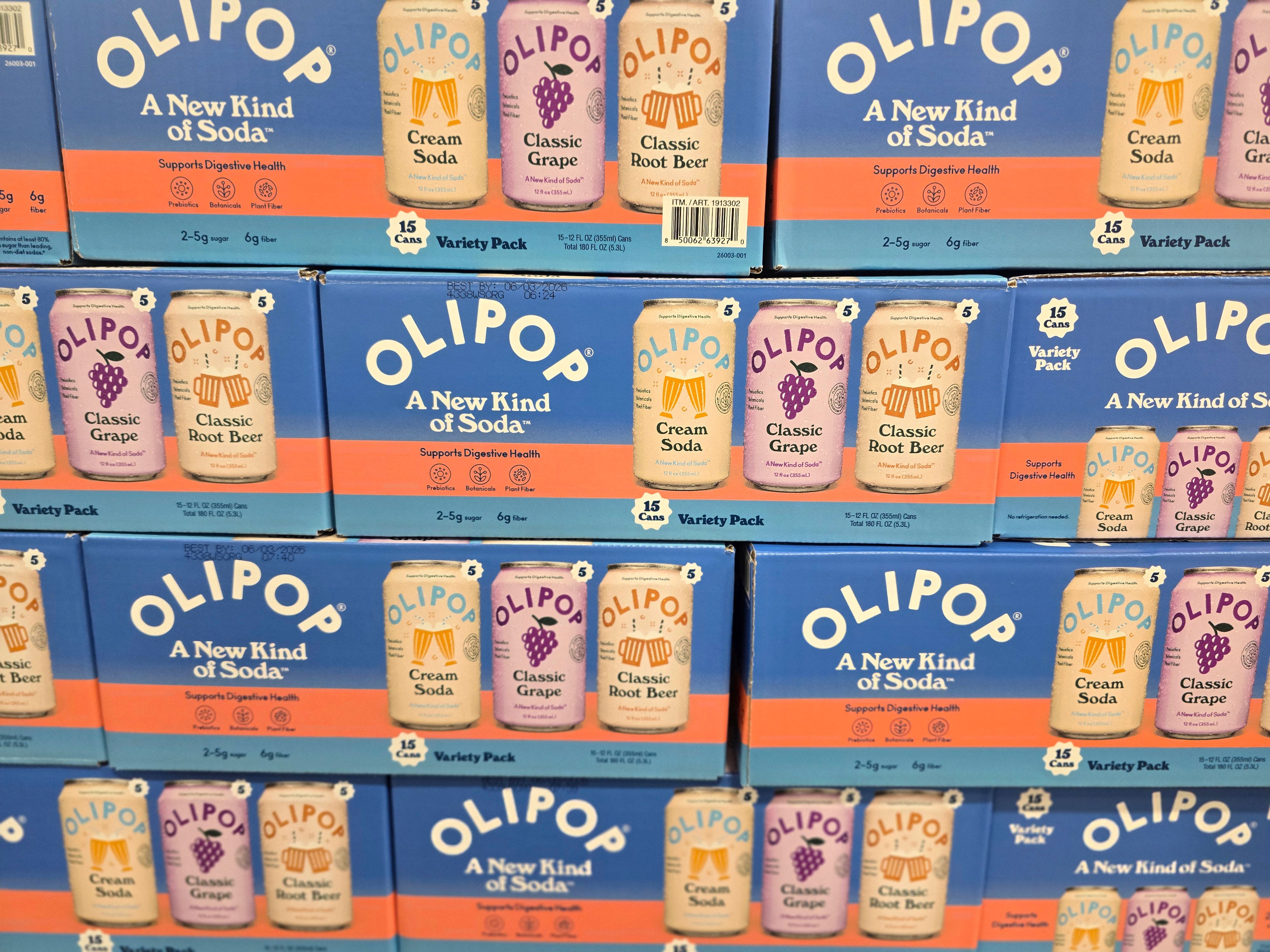 Boxes of Olipop prebiotic soda.