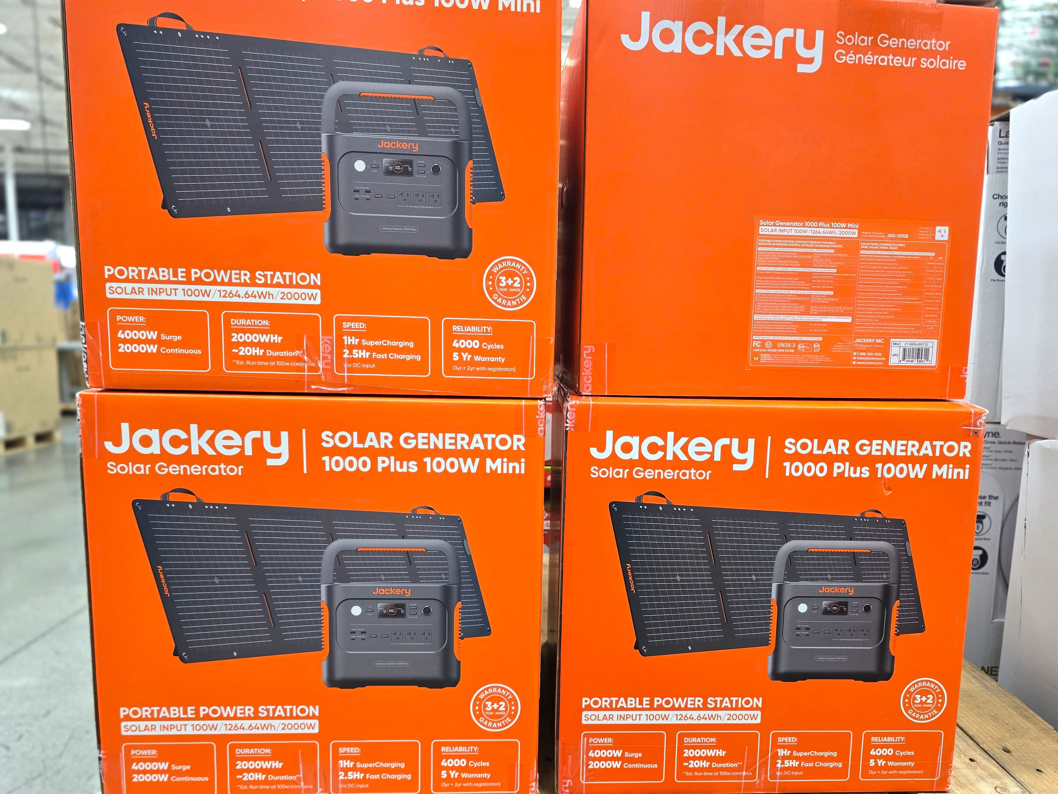 Boxes of Jackery solar generators on display at Costco.