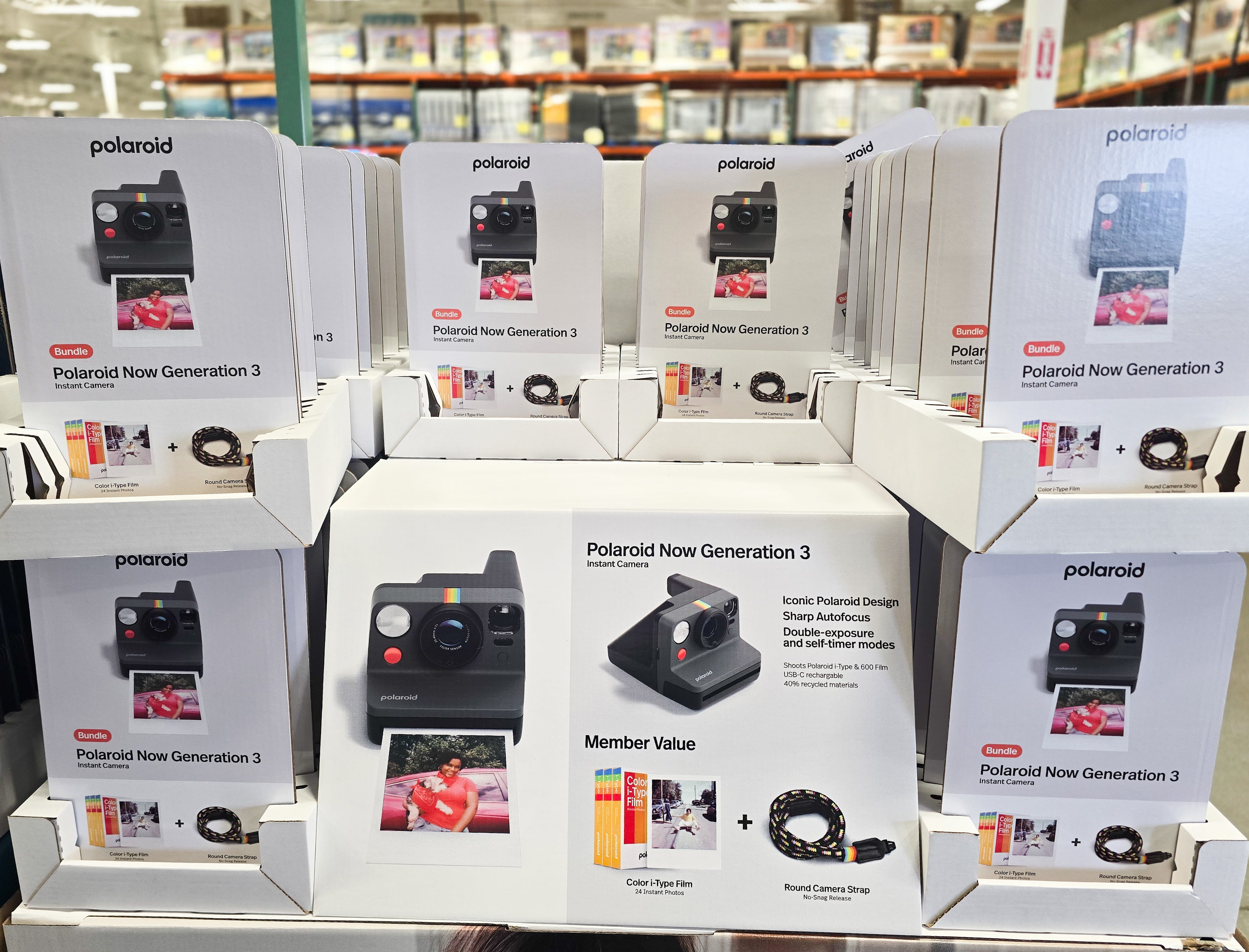 A display of Polaroid cameras at Costco.
