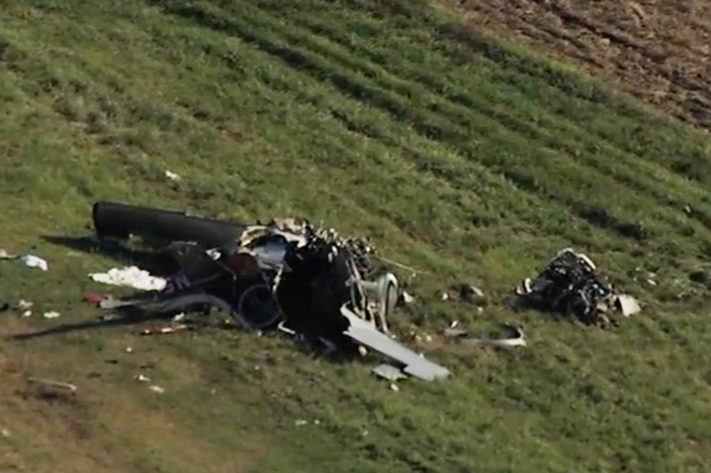 Wreckage of a small plane in a field.