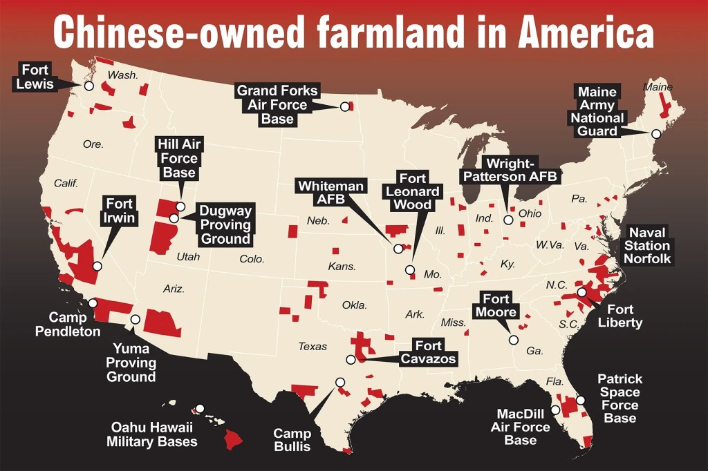 Illustration of a US map showing Chinese-owned farmland near military bases.