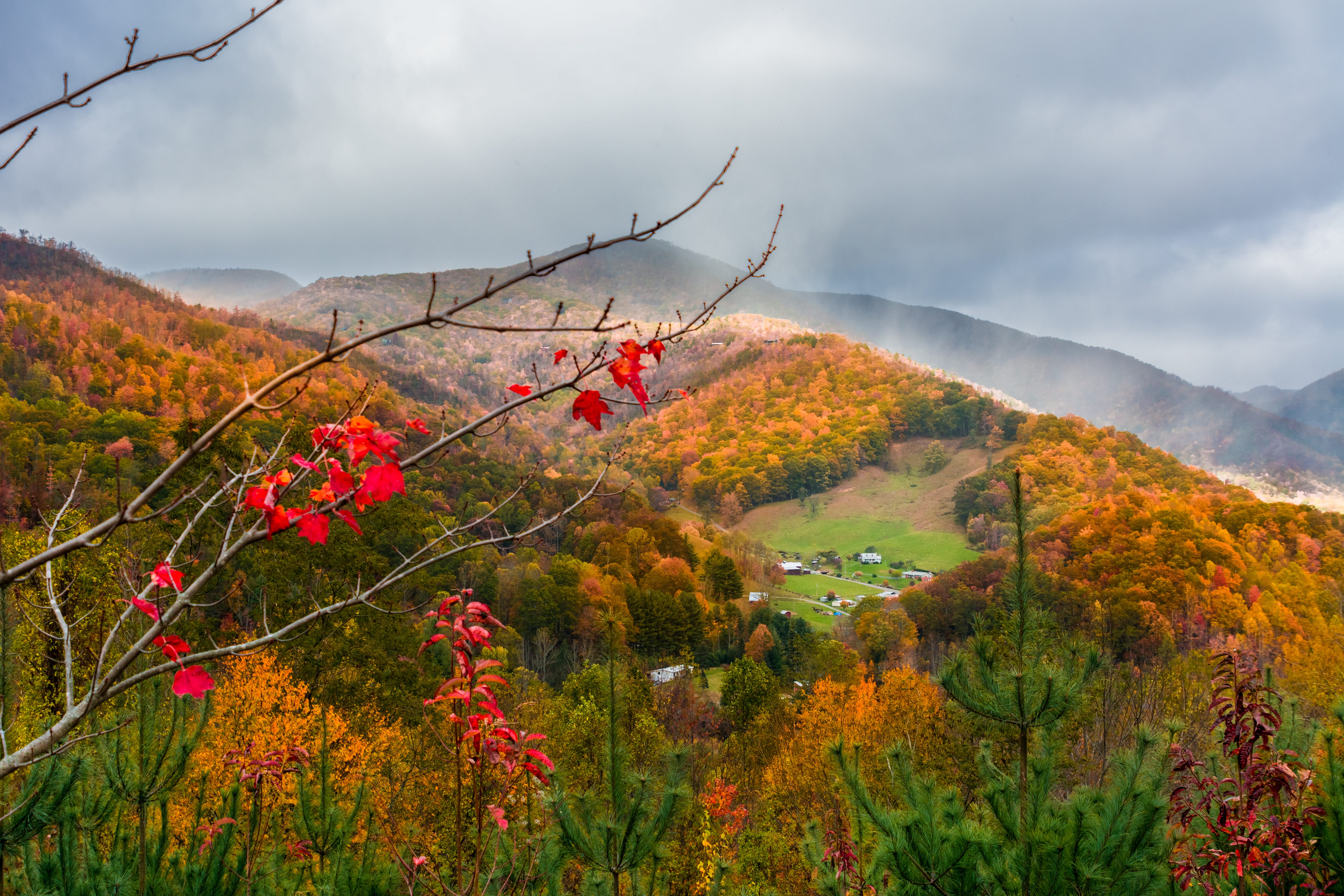 Aerial view of orange and red and green fall foliage at Maggie Valley